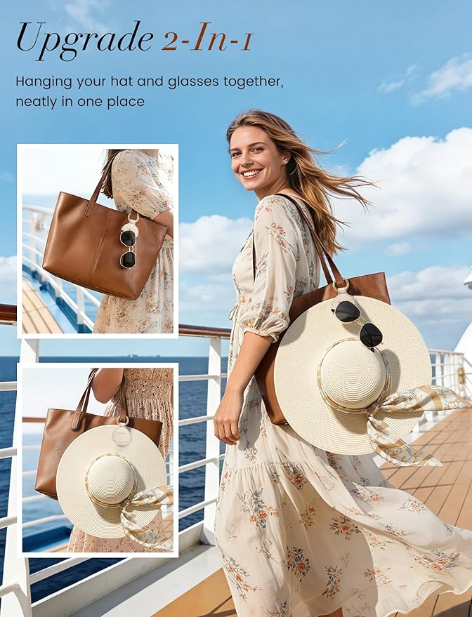 Niveaya Upgraded Magnetic Hat Clip for Hanging Sunglasses, 2-Pack Stylish Hat Clip for Travel Bag Luggage Backpack, Strong Magnet Hat Holder, Hands-Free, Beach Cruise Vacation Essentials, Beige+Beige
