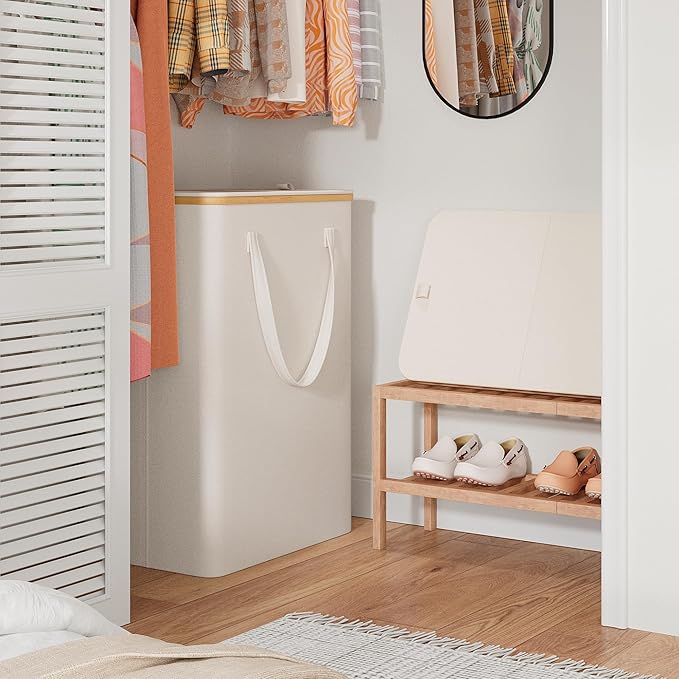 160L Double Laundry Hamper with Lid 2 Section, Large Bamboo Laundry Basket with 2 Removable Bags, Clothes Hampers for Laundry for Bedroom, Bathroom, Dorm, Laundry Room, Beige
