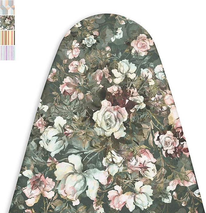 Encasa XO Ironing Board Cover and Pad - Thick 4mm Felt, Heat & Scorch-Resistant, Fits Wide Boards 49"x18", Elastic Bungee Cord Tightening, Easy Fit, Stain-Safe Dye, Green Roses