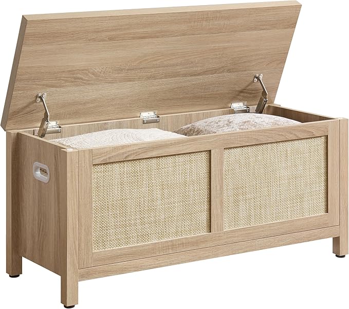 SICOTAS Rattan Storage Chest - 39.4" Storage Bench for Bedroom, Boho Storage Truck with 2 Safety Hinges and Flip Top for Living Room Entryway, Supports 220 lb, Light Oak