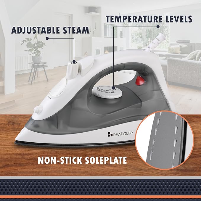 Newhouse 120V 1200-Watt Steam and Spray Iron NHIR-001, Adjustable Temperature, Self-Cleaning, ETL Certified for Hospitality and Home Use