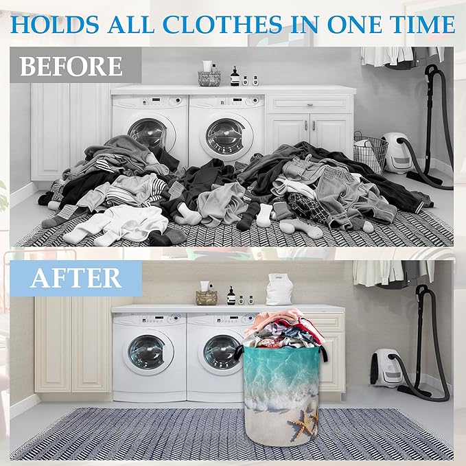 Sea Beach Starfish Laundry Basket Collapsible Laundry Hamper, Oxford Cloth Storage Bin for Room/Bathroom/Bedroom/Dormitories 16" X 20.8"