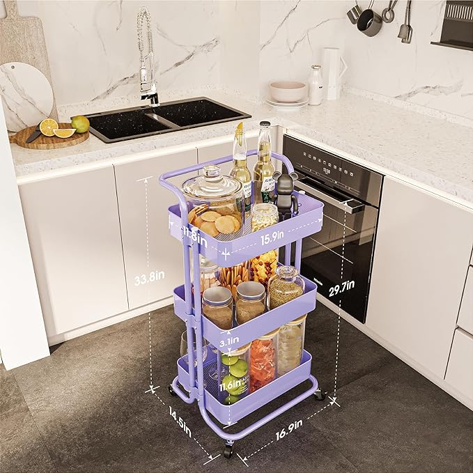 Metal Rolling Storage Cart, 3-Tier Utility Cart with Wheels, Multifunctional Organizer Storage for Kitchen, Bedroom, Office, Laundry Room, Dorm Room Essentials (Purple)