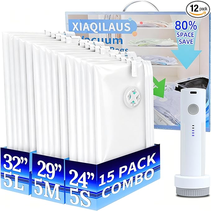 Vacuum Sealing Bags for Clothing Travel,Space Saver Vacuum Storage Bags with Air Pump,Compression Packing for Luggage and Clothes Travel (12 Combo Bags+Electric Pump)