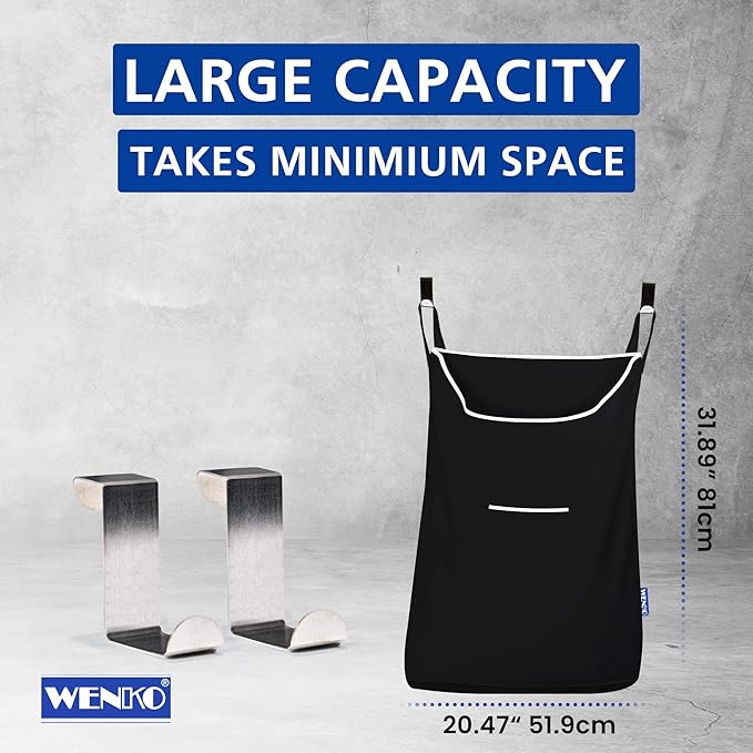 WENKO Laundry Hamper Bag Hanging, Over The Door Basket with Hooks, for Bathroom, Closet, Space Saving Storage, Wall mounted 3.94 x 20.47 x 31.89 in, Black