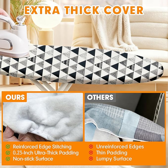 Ironing Board Cover and Pad, 18x49 Extra Wide Thick Iron Padding, Scorch & Stain Resistant Ironing Board Cover, Heavy Duty Iron Board Padded with Adjustable Fasteners, Geometric Triangles
