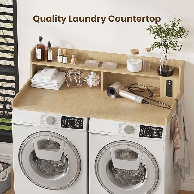 Upgraded 2-Tier Washer and Dryer Countertop with Power Outlet,54" W x 27.6" D Large Laundry Countertop for Fold Clothes, Laundry Topper with Non-Slip Pads & Metal Hooks and Storage Basket
