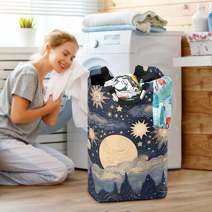xigua Stars and Moon Large Laundry Hamper with Handle, Foldable Clothes Hamper Collapsible Storage Basket for Toys and Clothes Organization in Bedroom, Bathroom, and Laundry Room