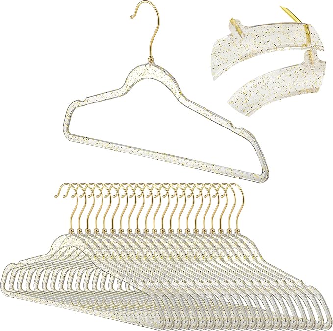 Weysat 20 Pcs Clear Acrylic Hangers Plastic Gold Glitter Coat Hanger Non Slip Space Saving Suit Heavy Duty Clothes Hanging with Non Slip Notches for Coats Pants Dress Clothes