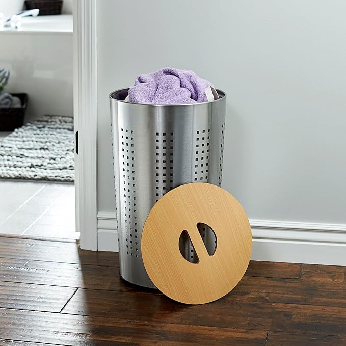 Household Essentials 7081-1 Round Metal Laundry Hamper - Removable Liner Bag and Wood Lid - Stainless Steel
