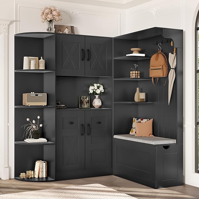 66" H Hall Tree with 4 Hooks, Open Shelving and Flip Hidden Shelf, Multifunctional Left-Right Combination Coat Rack (can be Used Separately), Entryway Bench for Living Room, Hallway