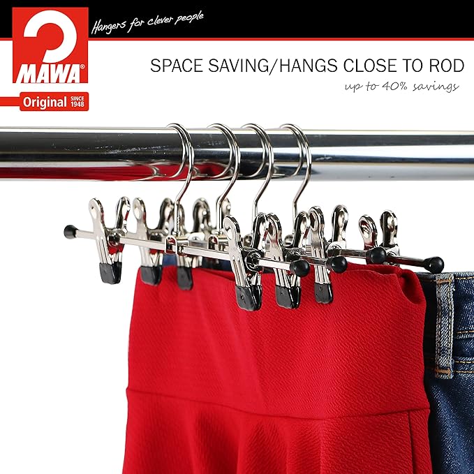 Mawa by Reston Lloyd Non-Slip Space-Saving Clothes Hanger For Pants & Skirts with Two Non-Slip Clips, Style K/30D, 12-Inch, Set of 10, Black