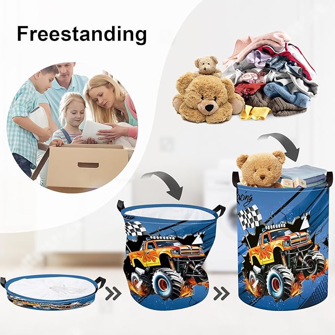 Racing Car Baby Laundry Hamper with Handle Clothes Kids Storage Basket Collapsible Boys Gift Toy Box Bin for Nursery Room, Blue, 63L