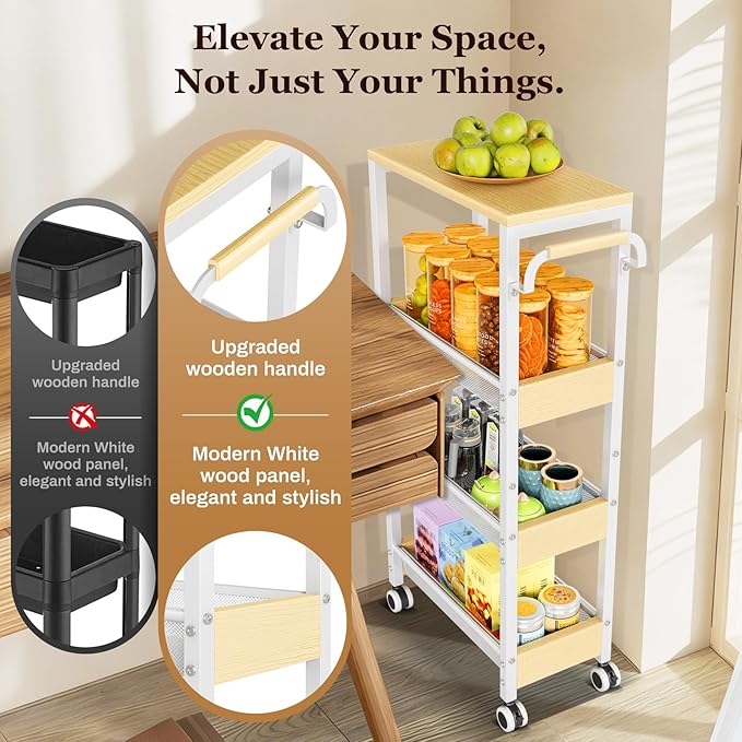 Utility 4 Tier Rolling Cart for Small Spaces, Slim Storage Cart with Wheels, Metal Narrow Kitchen Rolling Storage Cart with Wood Top& Handle for Laundry Room, White Thin Rolling Cart 7.9"(W)