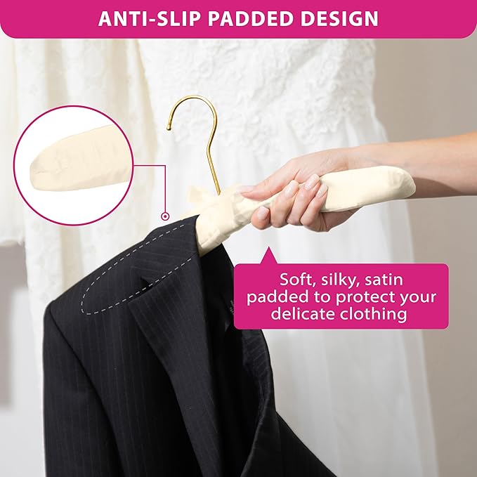 Premium Padded Hangers for Women’s Clothing - Set of 12 Non-Slip Fabric Hangers for Sweaters, Dresses, Coats, Wedding & Bride Hanger, Ivory