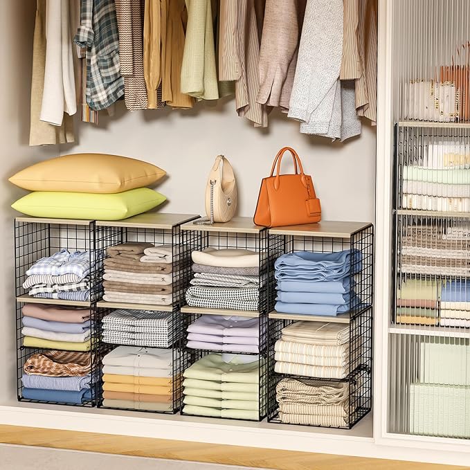 6-Tier Closet Organizers and Storage, Closet Shelves with Adjustable Dividers & Wood Top, Dual-Layer Reinforced Storage Bins, Larger Capacity Clothes Shelf Basket for Closet Organizer System