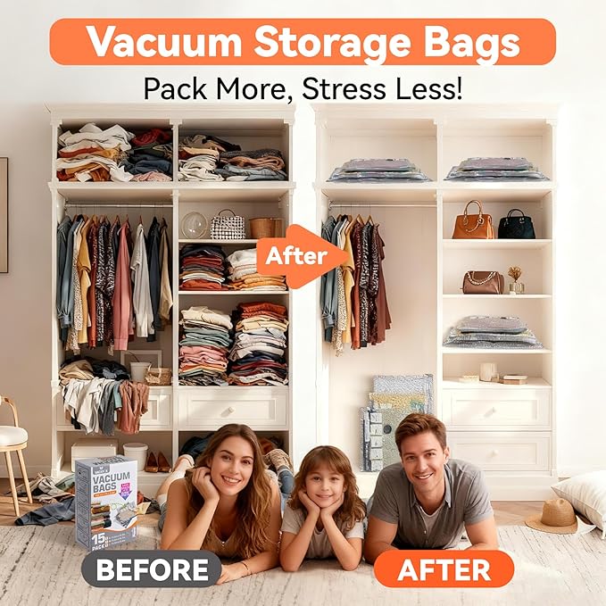 Vacuum Bags for Travel with USB and TYPE C Pump, 15 Pack Carry-on Size Compression Packing Bags for Luggage and Suitcase, Space Saver for Clothes and Clothing Travel（Grey）