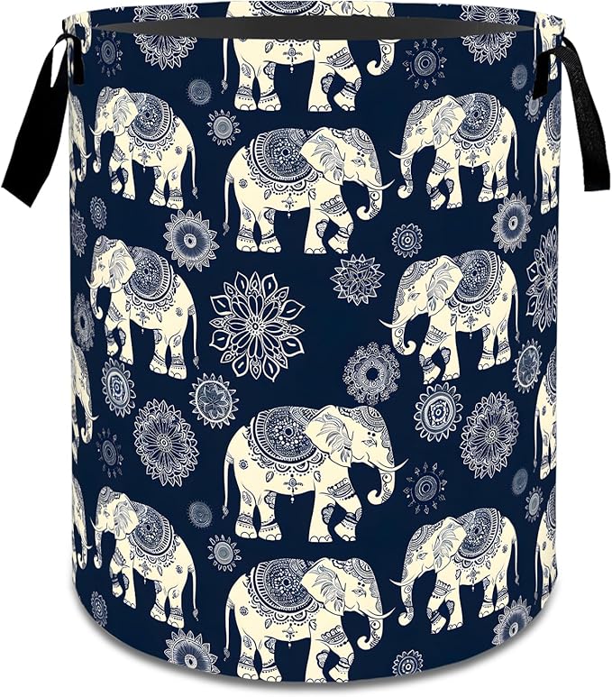 Retro Elephant Mandala Laundry Basket,Boho Dirty Clothes Hamper,Ethnic Animal Storage Bin Gifts,Foldable Waterproof Oxford Cloth Baskets for Bathroom,Bedroom,Home Decoration(19.7" x 15.8")
