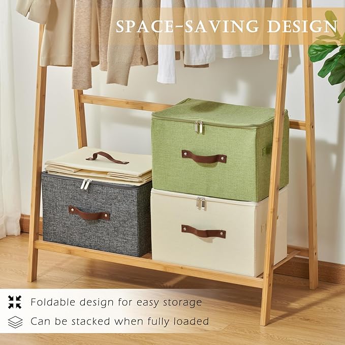 2 Pack Storage Bins with Zipper Lid Cotton Linen Fabric Lidded Storage Baskets Boxes Foldable Washable Closet Shelf Clothes Organizer Container with PU Leather Handles (Purple, Large)