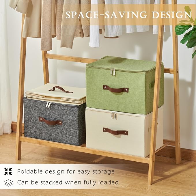 2 Pack Storage Bins with Zipper Lid Cotton Linen Fabric Lidded Storage Baskets Boxes Foldable Washable Closet Shelf Clothes Organizer Container with PU Leather Handles (Beige, Small Size)