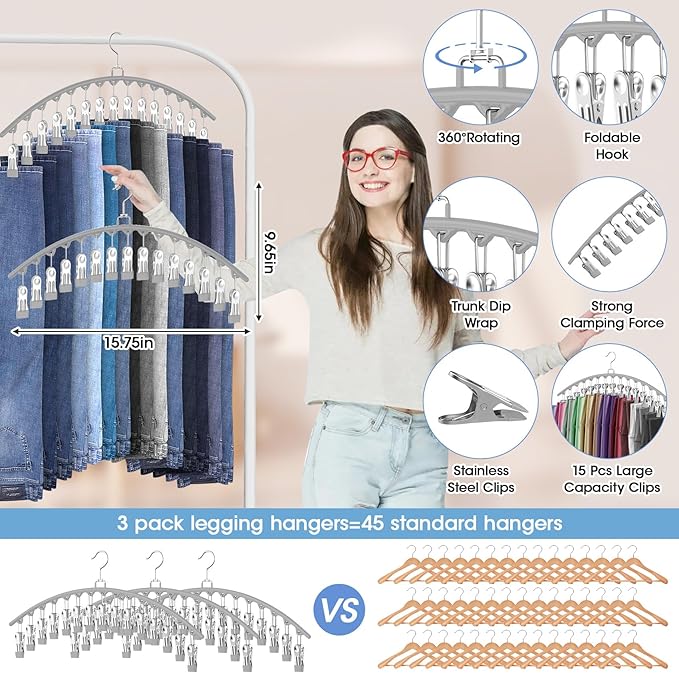 6 Pack Legging Organizer for Closet Hanging, Pants Hangers with Clips Holds 95 Leggings, Shorts, Skirts, Jeans, Hats, Pants Hangers Space Saving Clothes Racks Closet Organizers and Storage, Grey