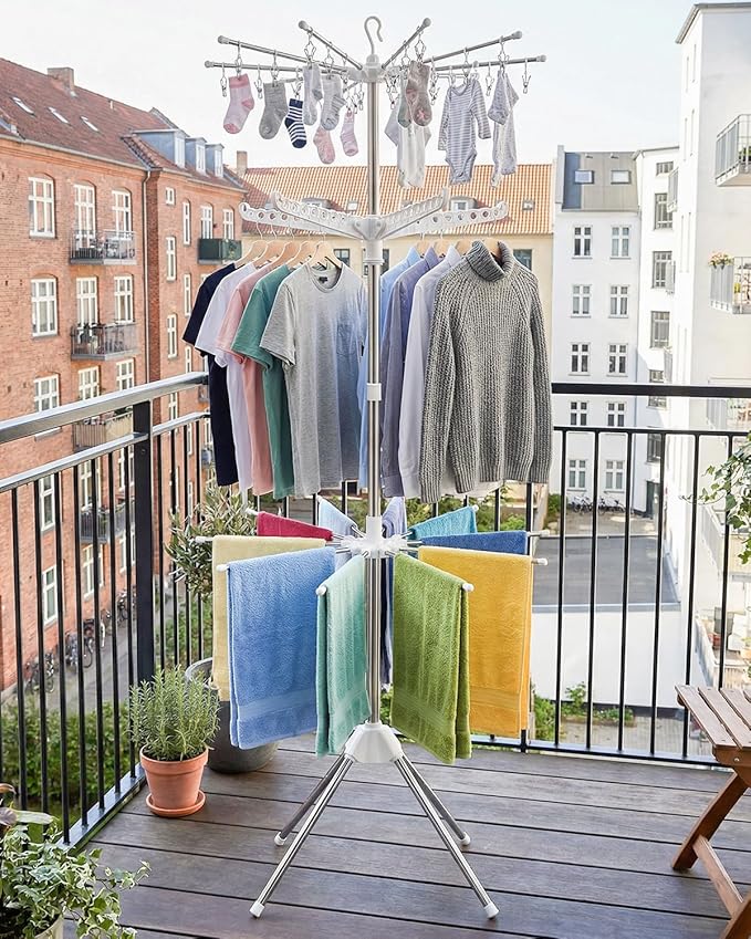 Foldable Clothes Drying Rack - 3 Tier Laundry Drying Rack, Portable Clothing rack with Rotating Clothes Rail with 30 Clips,10 towel sticks and 3 Rotatable Arms, Suitable for Flats and Small Rooms