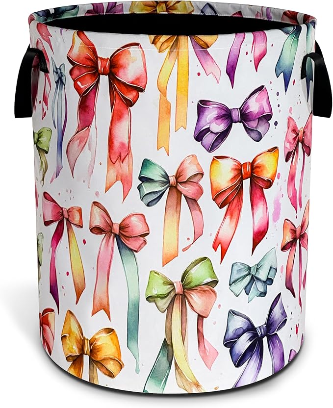 Colorful Bowknot Laundry Basket Bow Foldable Waterproof Oxford Cloth Funny Tote Bag Laundry Hamper Clothes Storage Bucket Toy Organizer For Bathroom/Laundry Storage/Bedroom 18.9x16.5 Inch