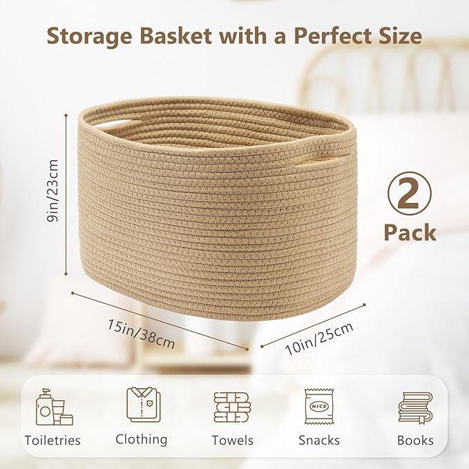 Cotton Rope Storage Basket, 15x10x9 Inches, Woven Basket for Shelves, Clothes, Towels, Books, and Laundry, Jute Brown (2 Pack)