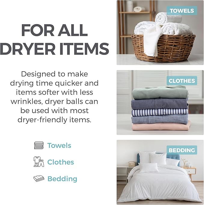 HOME GENIE Wool Reusable Dryer Balls XL, Anti Static Fast Drying Laundry for Pet Hair, Reduces Clothing Wrinkles, Lint, Natural Fabric Softener Essentials, Replace Dryer Sheets, Over 400 Loads 4 Pack