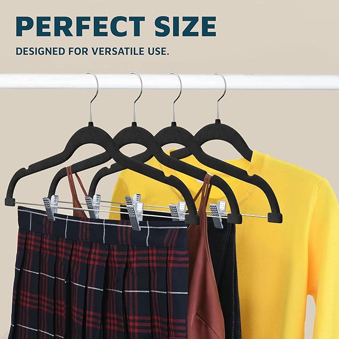 Lifemaster Velvet Skirt Hangers – with Adjustable Clips, 360 Degree Swivel Hook, and Non-Slip Shoulder Notch, Holds Up to 10 lbs, for Organizing Skirt, Pants, Dress, and Clothes, Pack of 30, Black