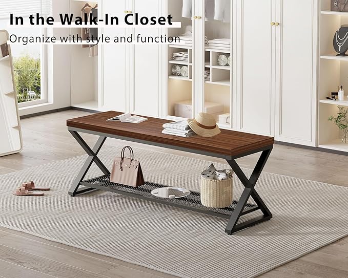 LVB Entryway Bench with Storage, Wood and Metal Indoor Bench for Entry Way, Simple Accent Shoe Rack Bench for Foyer Entrance, Long Wooden Hallway Bench with Seating for Living Room, Walnut, 47 inch