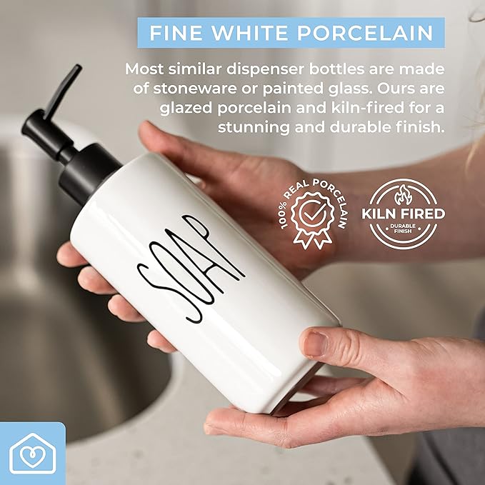 Heartland Home Porcelain 16oz Liquid Dispenser - Kitchen, Bathroom & Laundry Soap & Shampoo Dispenser