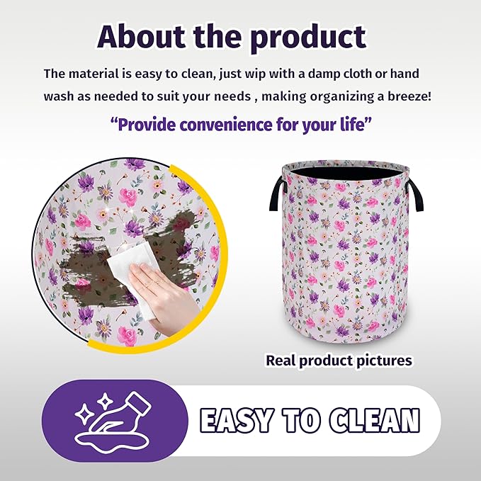 Pink Purple Flowers Laundry Basket Foldable Oxford Cloth With Handle Portable Colorful Storage Basket Organizer Suitable For Laundry Room/Bedroom/Living Room/Children'S Room (18.9 X 16.5 Inch)