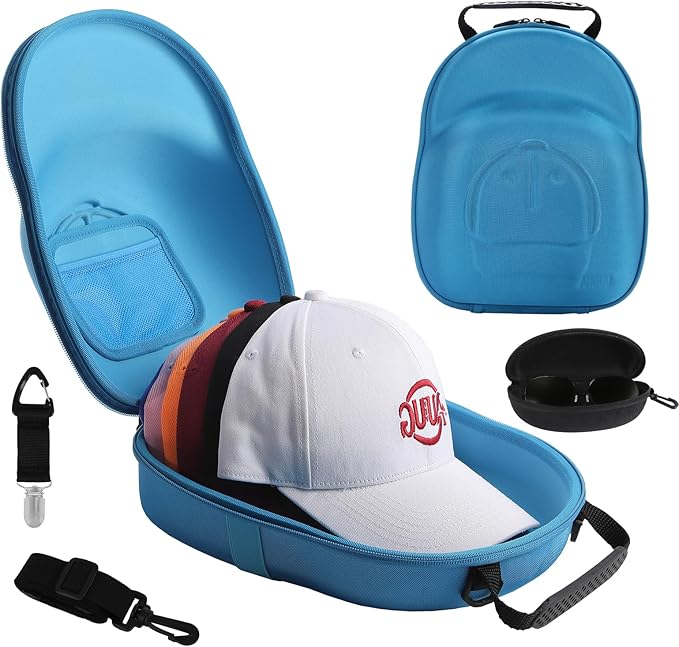 Hat Travel Case, Hard Hat Carrier Organizer with Clip & Glasses Storage, Holds 6 Baseball Caps for Home/Travel - Blue