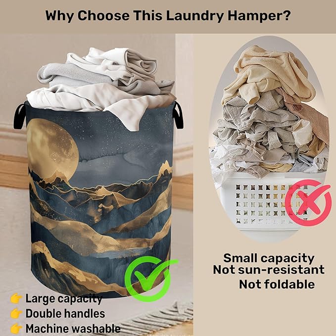 Golden Mountain Moon Laundry Basket with Handles - Extra Large Foldable Hamper for Bathroom/Laundry/Bedroom/Dorm, Washable Fabric Storage Bin