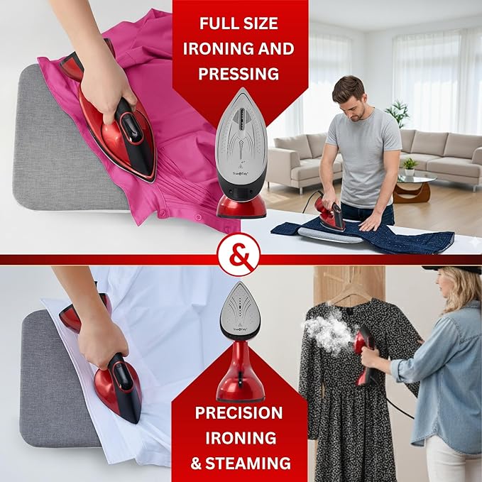 True & Tidy 2-in-1 Iron and Handheld Steamer, 1600W Dual Heating System with Ceramic-Coated Plate, LCD Display, No-Drip Technology, 3 Fabric Modes, Portable Garment Steamer for Home & Travel