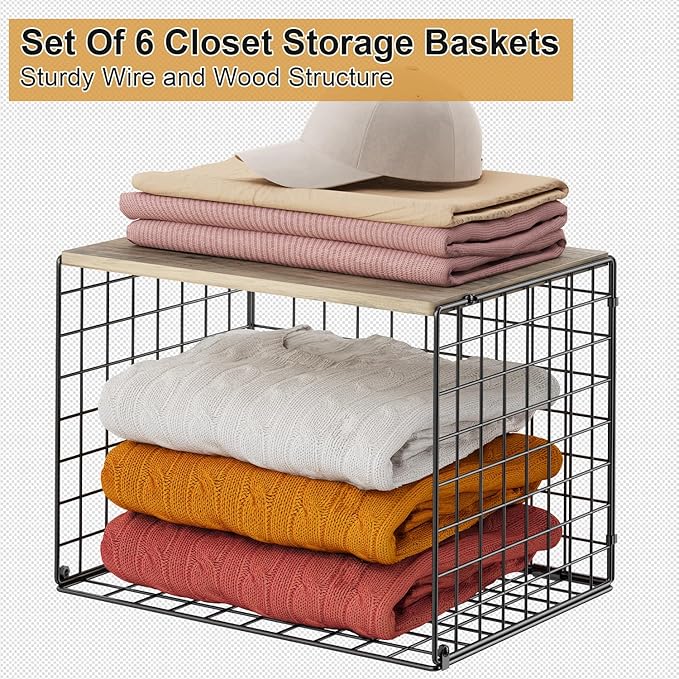 6 Pack Closet Organizers And Storage, Stackable Closet Shelf Organizer Storage Bin Basket For Clothes Sweaters With Top Board, Widened Opening, Heightened Height, Large Capacity, Sturdy, Space-saver