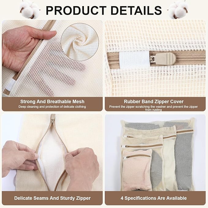4-Piece Durable Organic Cotton Mesh Laundry Bags with Sturdy Zippers and Breathable Mesh are Delicate Laundry Bags for Underwear, Clothes, Pants and Socks