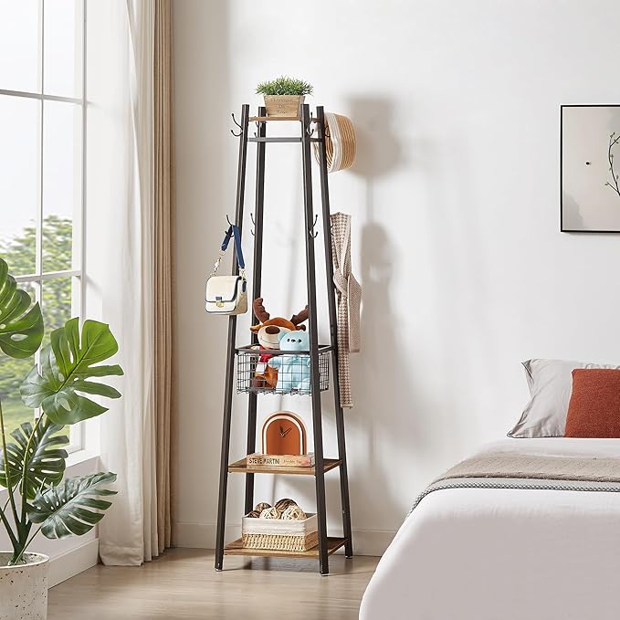VECELO Coat Rack Freestanding, Entryway Clothes Stand with Metal Basket and 2 Shelves, Upgrade Hall Trees with 8 Dual Hooks for Bags, Hats, and Umbrellas, Industrial Styles, Vintage Brown+ Black