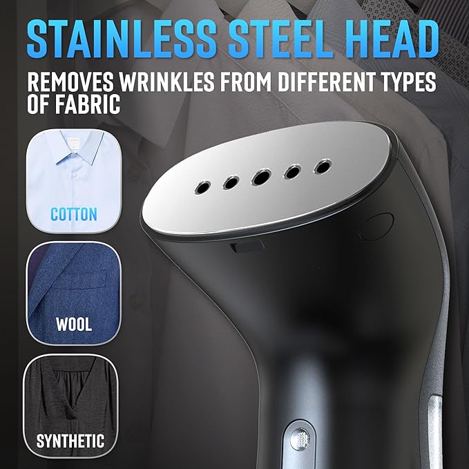 Steamer for Clothes for Europe 220V, Handheld Portable Travel Garment Steamer, Metal Steam Head, 25s Heat Up, Pump System, Mini Size, Hand Held Steamer for Any Fabrics, Black
