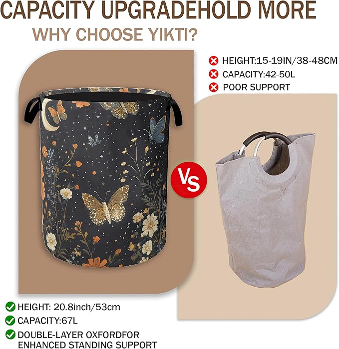 Rustic Wildflower Butterfly Laundry Hamper,Gothic Garden Moon Collapsible Laundry Baskets,Waterproof Oxford Cloth Laundry Room Organization for Bedroom,Bathroom,Nursery,16x20 Inch