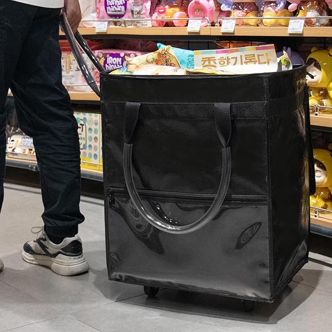Reusable Grocery Bag on Wheels, (Medium, Black) Shopping Bags with Wheels and Handle, Folding Rolling Tote, Zipper Cover, Carries Up to 46 LBS, for Laundry, Picnic