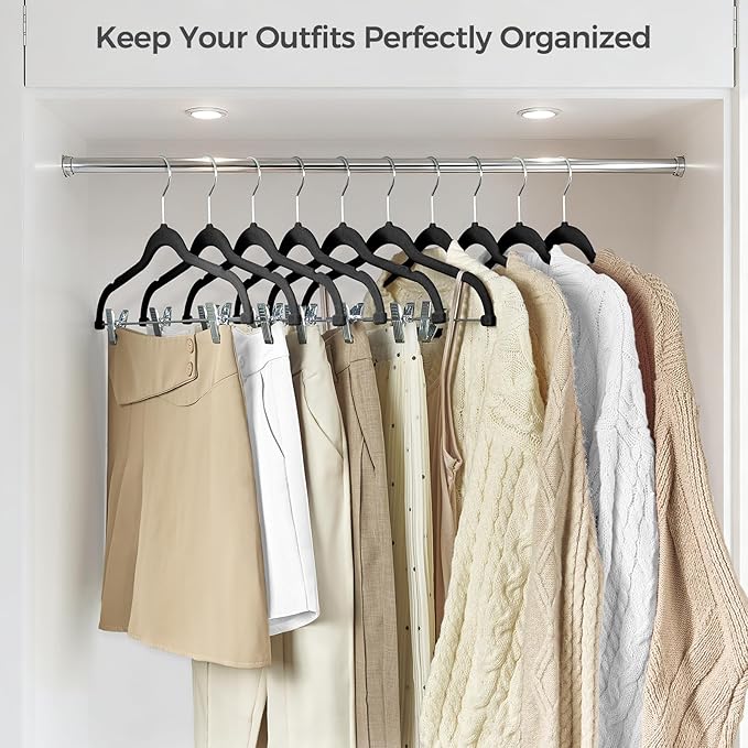 HOUSE DAY Velvet Hangers with Adjustable Clips 10 Pack, Non-Slip Suit Organizer with 360° Hook - Heavy Duty Hanger for Pants, Skirts, Blouses, Dresses - Outfit Hangers All-Season Space Saver (Black)