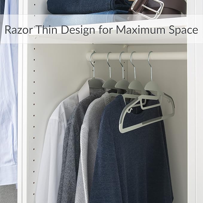 Simplify 24 Pack Ultimate Hanger | S-Shape Collar Saver | Ultra-Thin | Non-Slip | Accessory Bar | Belts | Scarves | Ties | Tank Top | Closet Organization | Light Grey