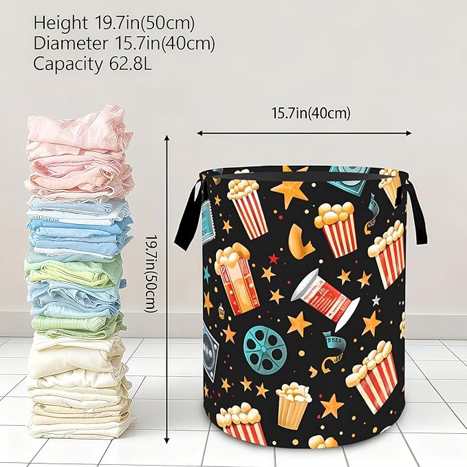Popcorn Film Reel Star Laundry Basket,Fun Food Dirty Clothes Hamper,Movie Night Storage Bin Gifts,Foldable Waterproof Oxford Cloth Baskets for Bedroom,Bathroom,Home Decoration(19.7" x 15.8")