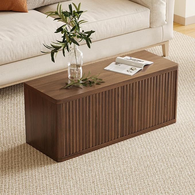 Double Layered Shoe Cabinet with Bench,Wooden Shoe Bench with Soft Cushion,Double Door without Handle Pressing Spring,Fluted Panel,Suitable for Entrance,Corridor and Living Room (Shoe Bench-Walnut)