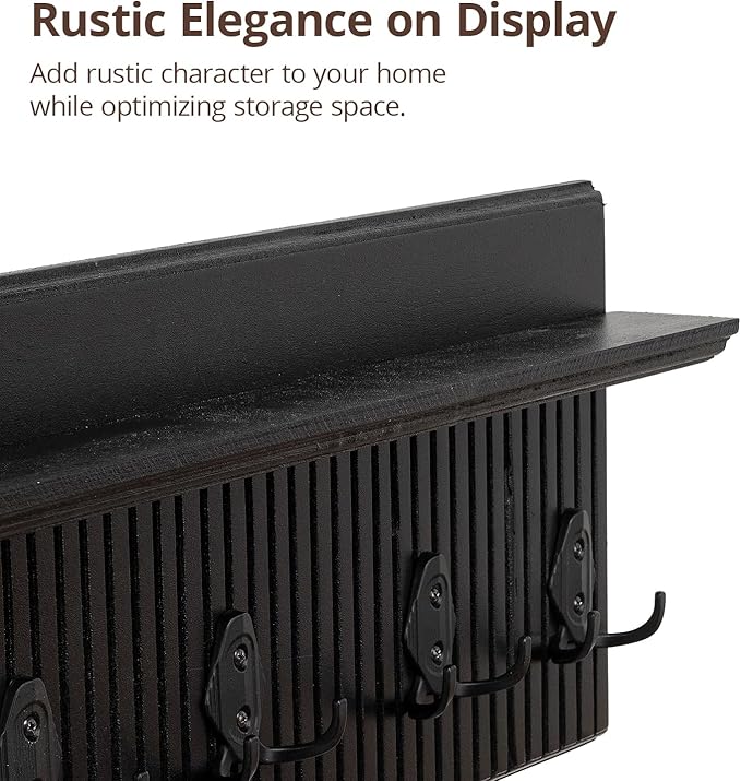 Rustic Wall Mounted Coat Rack with Shelf Wooden Entryway Organizer with 5 Metal Hooks for Coats Hats Towels Keys Floating Storage Shelf for Bathroom Bedroom (Black, 32 inch Striped (4 Hooks))