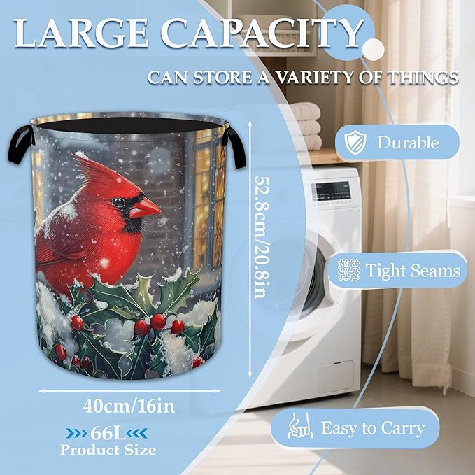 Winter Cardinal Red Bird Laundry Basket Collapsible Laundry Hamper, Oxford Cloth Storage Bin for Room/Bathroom/Bedroom/Dormitories 16" X 20.8"