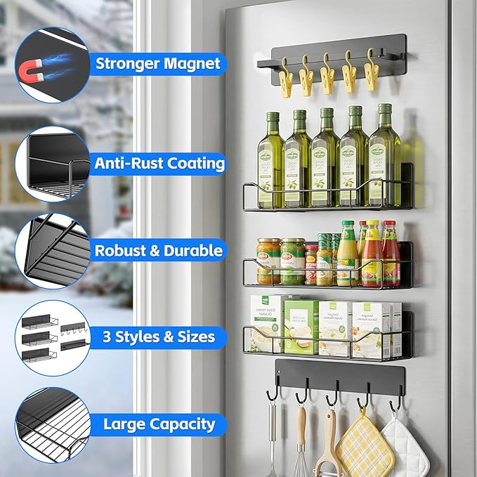 Magnetic Shelves for Washing Machine, 5 Pack Heavy Duty Laundry Shelf Organizer with Hooks, Strong Magnetic Storage Rack for Washer, Dryer, Refrigerator & Kitchen Laundry Organizer (Black)