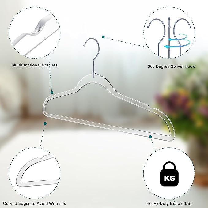 Quality Hangers Clear Plastic Hangers for Clothes | Multi Pack - Heavy Duty Hangers Space Saving Crystal Acrylic | 360 Degree Swivel Hook and Notches | 16.5 Inch (Clear, 200)